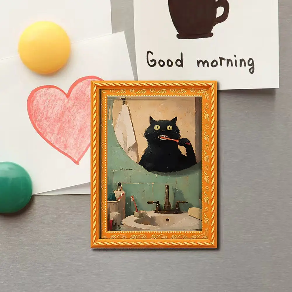 Vintage Cat Magnet, Fun Toothbrush Mirror Sticker, Cute Cat Art Magnet, Refrigerator & Whiteboard Decor, Humorous Gift for Cat Lovers, Cute Magnets for Fridge