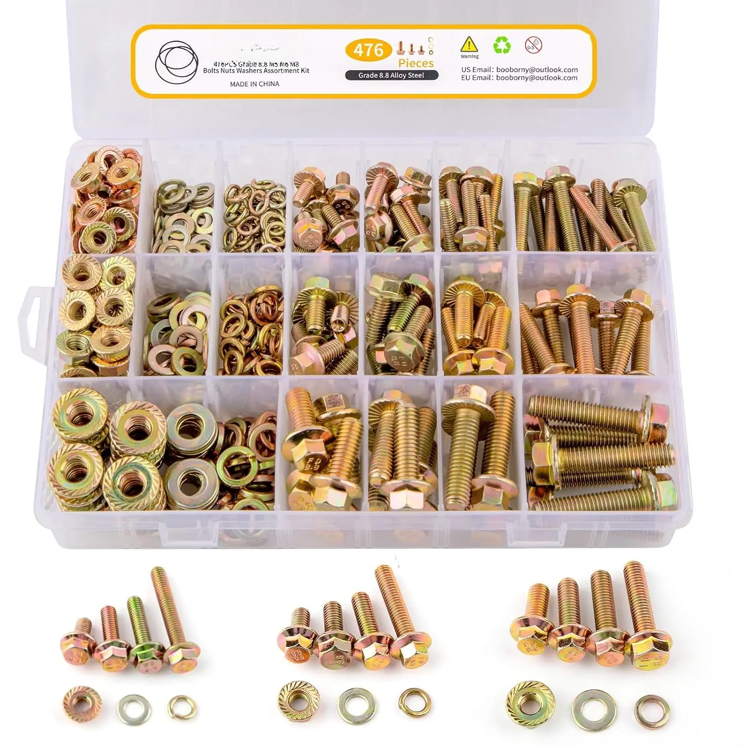476 count Class 8.8 Metric Flange   Kit, M5, M6, M8, Metric  and Nuts , Hex Bolt and Nut Washers Kit, Yellow Zinc Plated