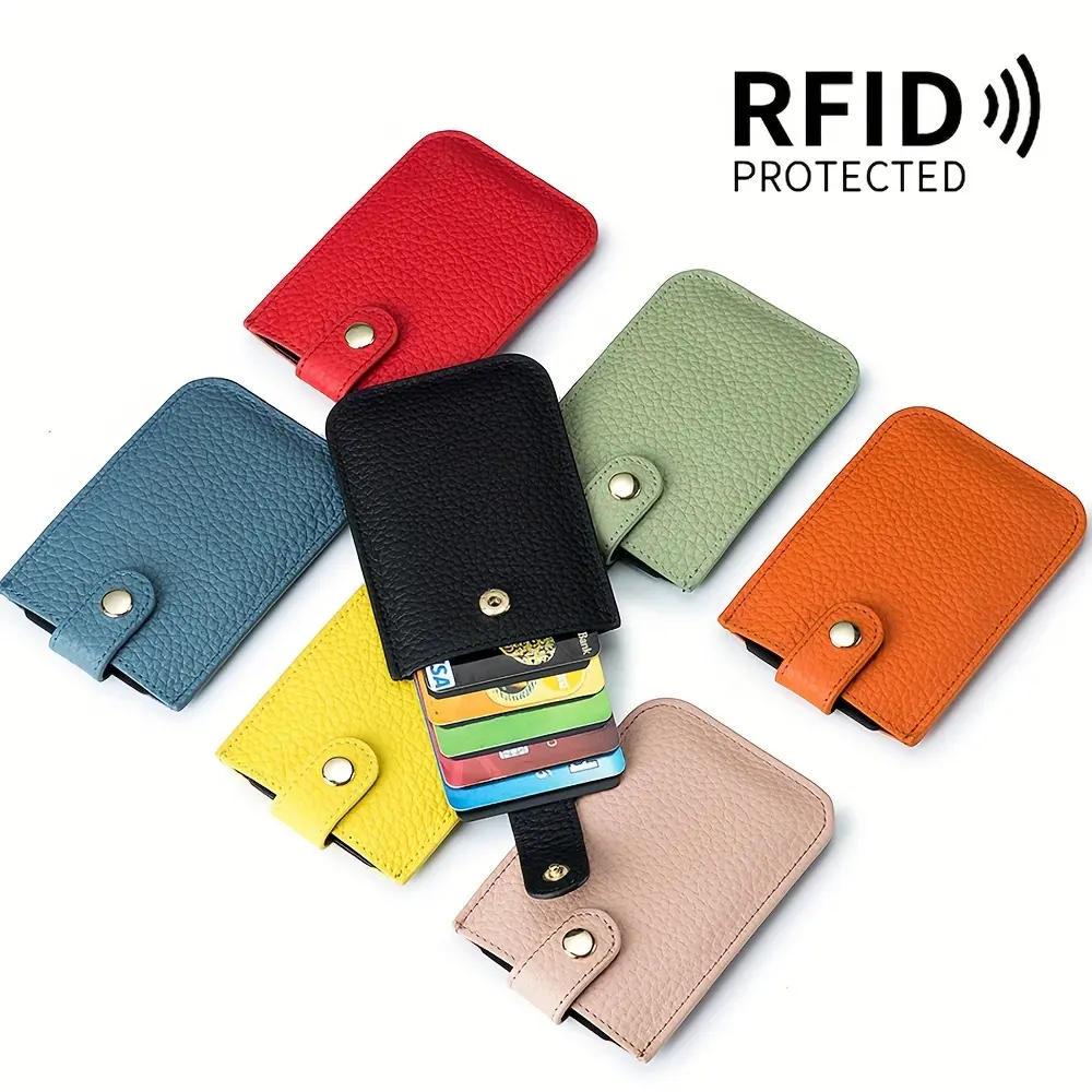 RFID Blocking Pull Out Card Holder Genuine Leather 5 Card Slots Snap Button Mini Pocket Credit Card Case with Cash Slot for Men Women Perfect for Everyday Use