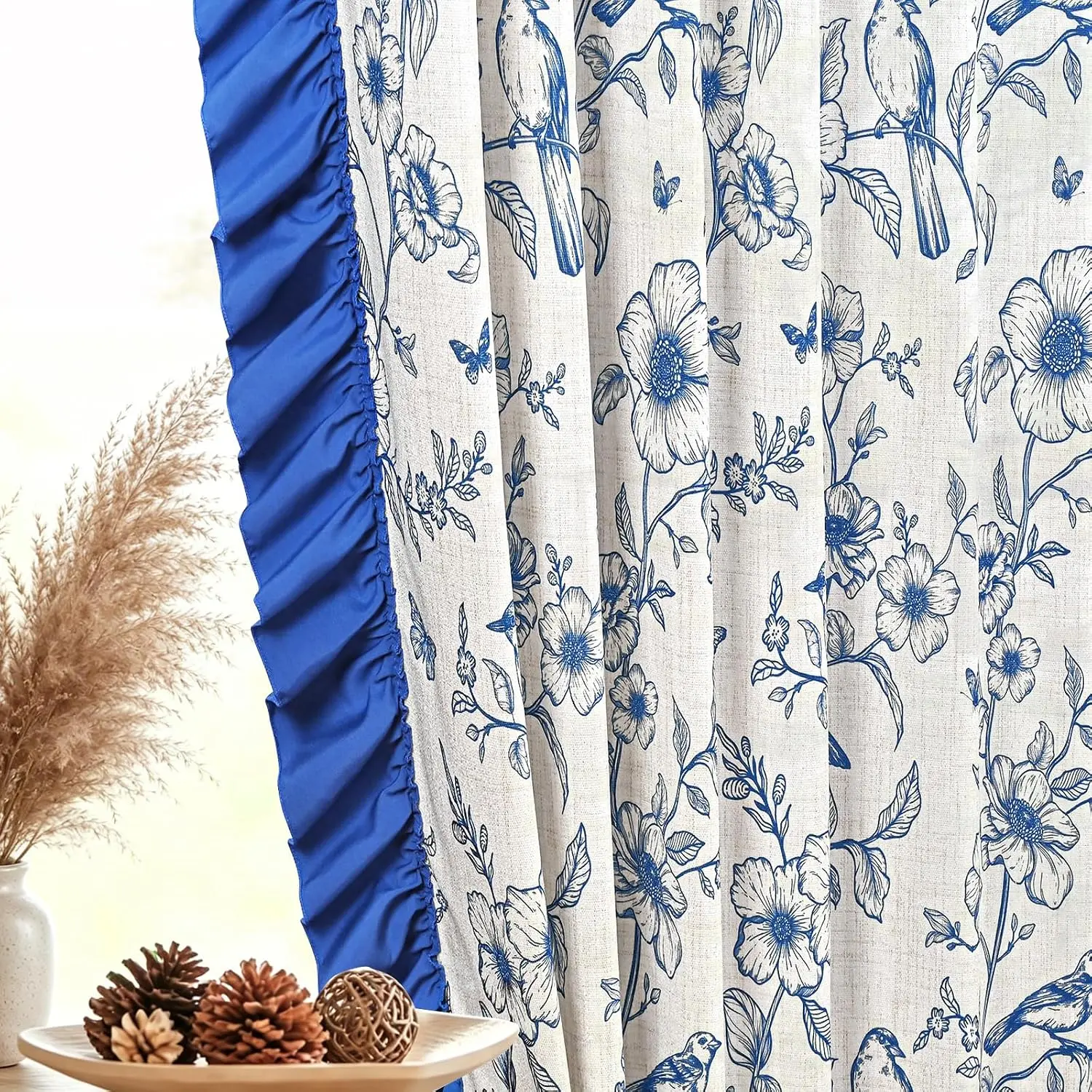 Blue Floral Curtains for Living Room 84 Inch Length   Bedroom Curtains with Ruffle Tieback, Linen Light Filtering Window Curtain Rod Pocket  Tab Drapes, 52"W x 84"L, 2 Panels