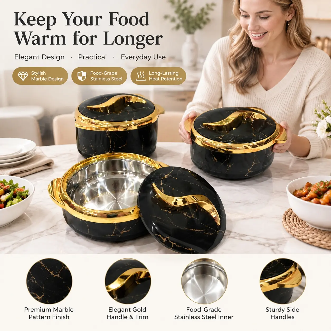 Luxury 3‑Piece Thermal Casserole Dish Set with Lids, Insulated Stainless Steel Food Container, Keep Hot & Cold, Practical Home Kitchen Essentials