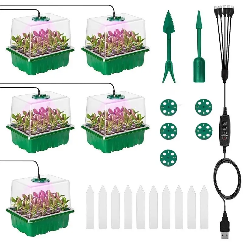 5-Piece Seedling Tray Set with Growth Light, 60-Hole Adjustable Humidity and Temperature Control, Mini Greenhouse, Hydroponic Kit, Indoor/outdoor Gardening, Growing Kit