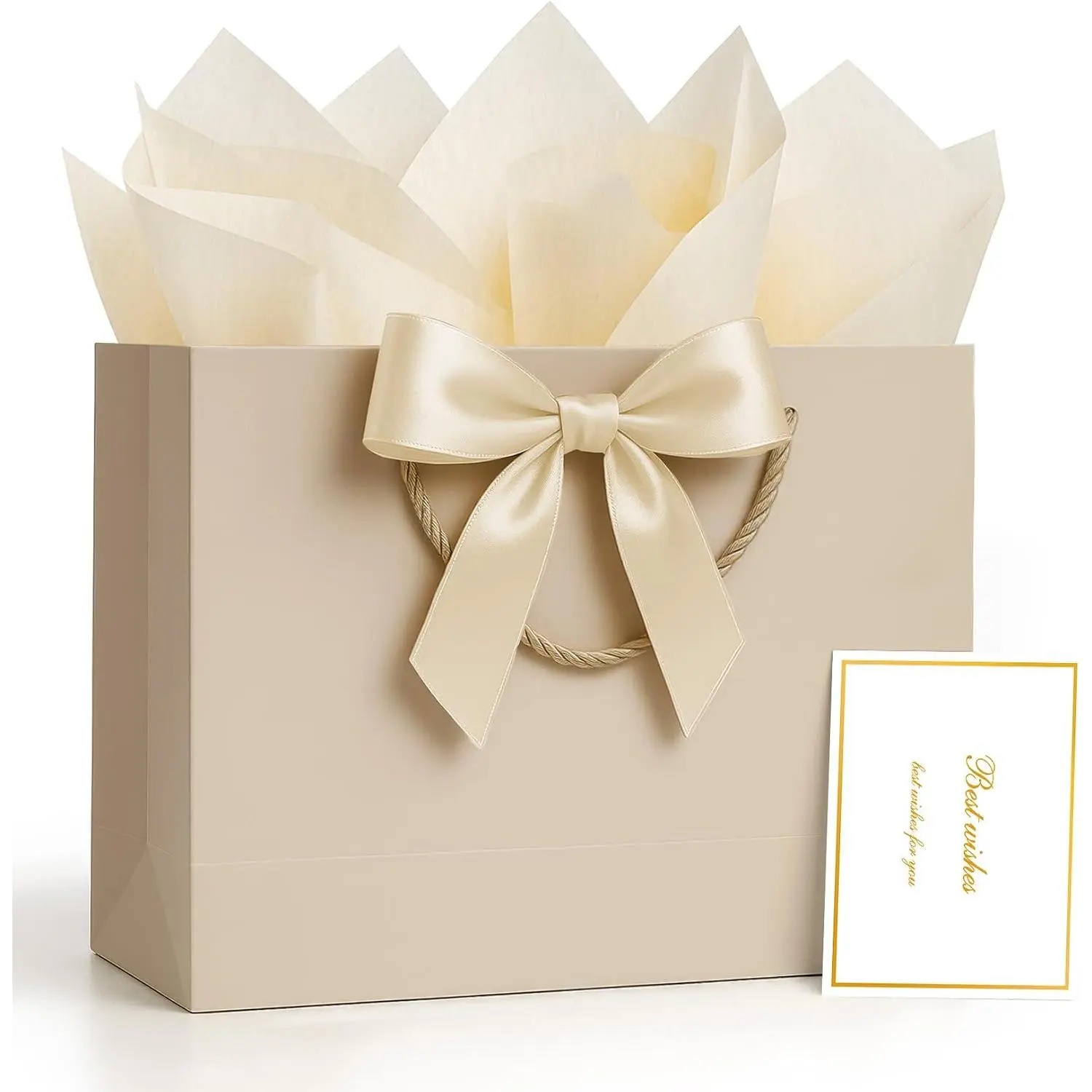 Cute Champagne Beige Medium Paper Wrap Bag with Handles, Ribbon Card & 2 Tissue Papers - Sturdy 1-Count Office Gift Wrapping for Female & Male Adults, Wedding, Engagement Favors