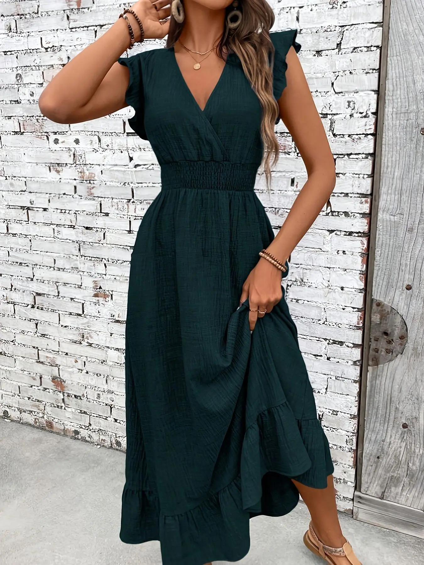 Women's Denim-Style V Neck Ruffle Sleeveless Midi Dress, Elastic Waist, Flowy Ruffled Hem, Beach Dress with Pockets, Summer Fashion