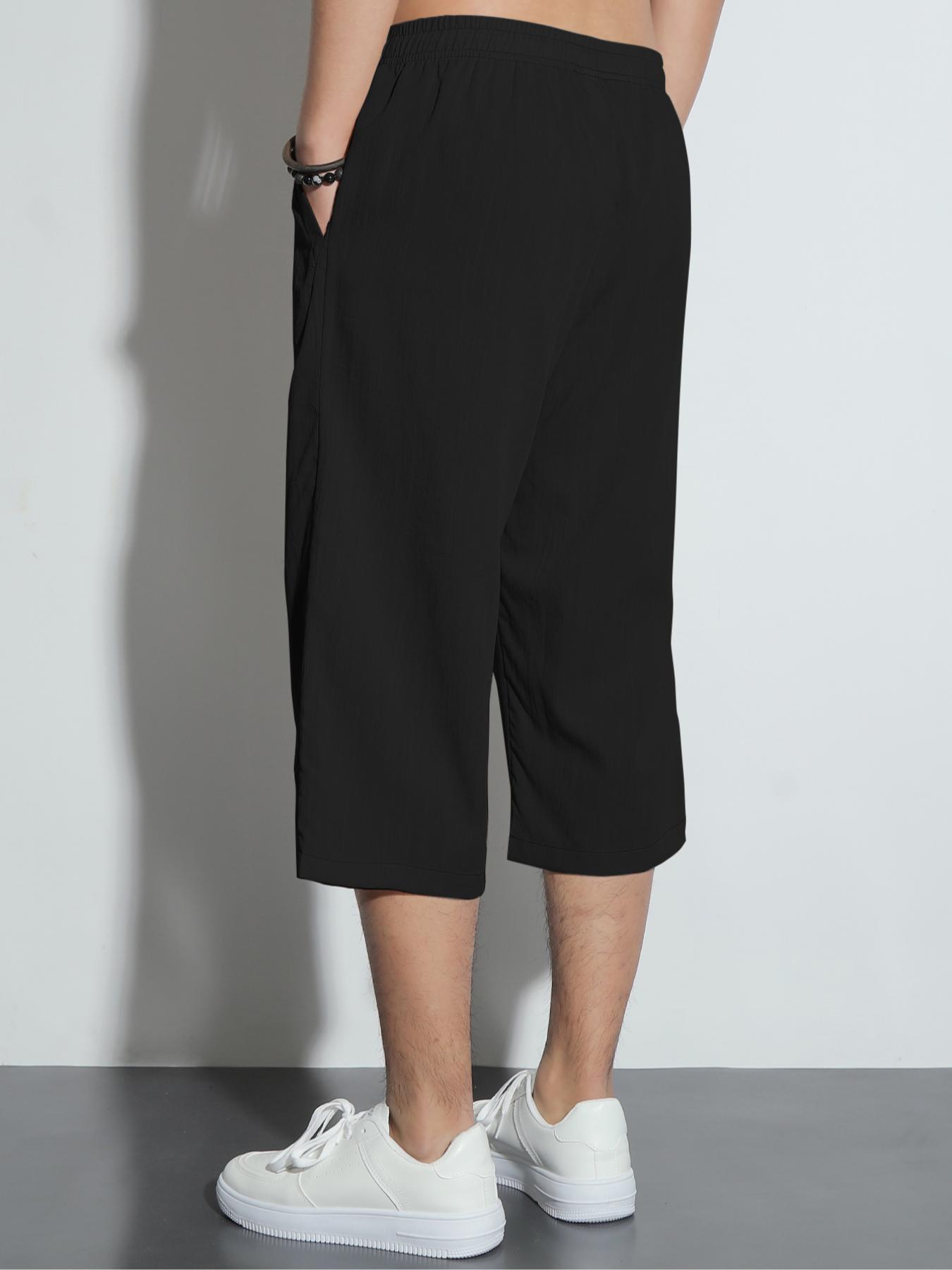 Men's Solid Color Drawstring Waist Capris Pants, Casual Lounge Pants, Regular Fit Casual Comfortable  Breathable Pocket Capri Pants for Summer, Fashion Men's Bottoms for Daily Wear