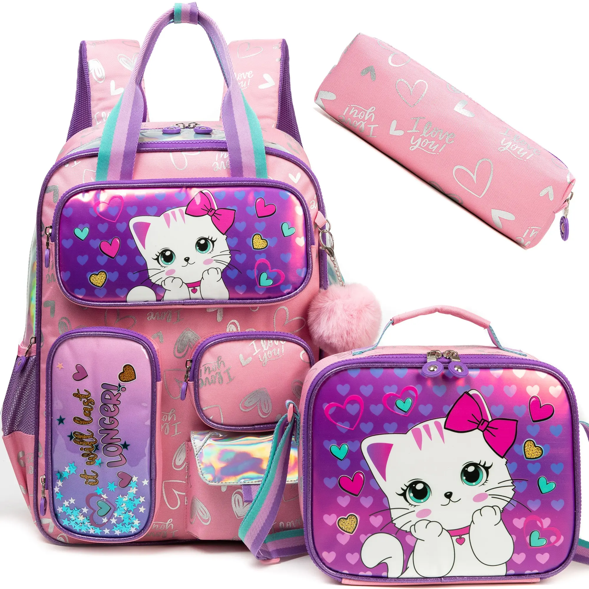 Cute Kitty Backpack 3pcs Set for Girls | Kawaii Pink Purple Cat School Bag with Lunch Box & Pencil Case | Sparkle Glitter Elementary Kids Bookbag 2026