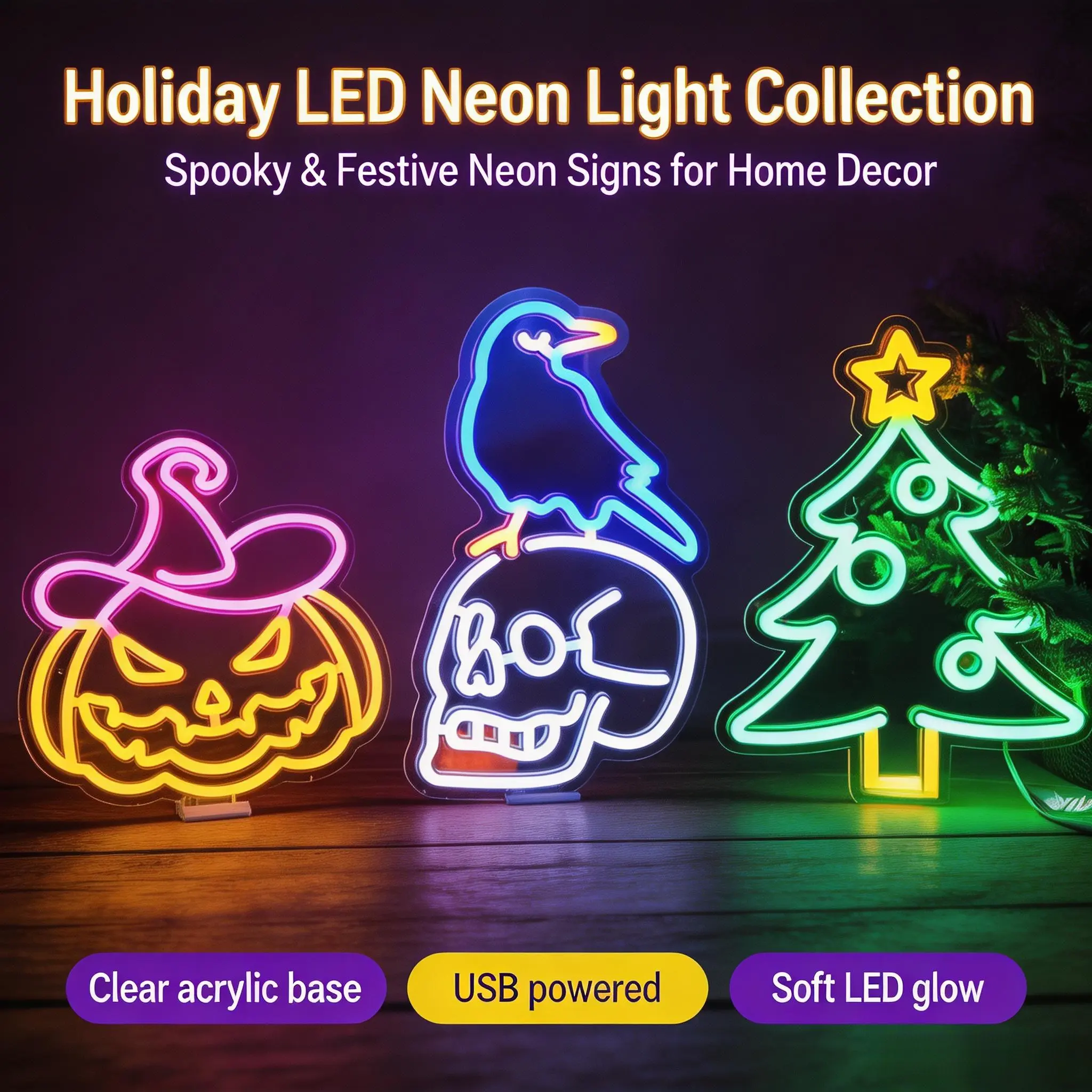 Tabletop Size Neon Glow Sign with Acrylic Base - USB-Powered LED Neon Light, Icon Shapes (Pumpkin, Raven, Skull, Christmas Tree) - Home Party Festive Decorations