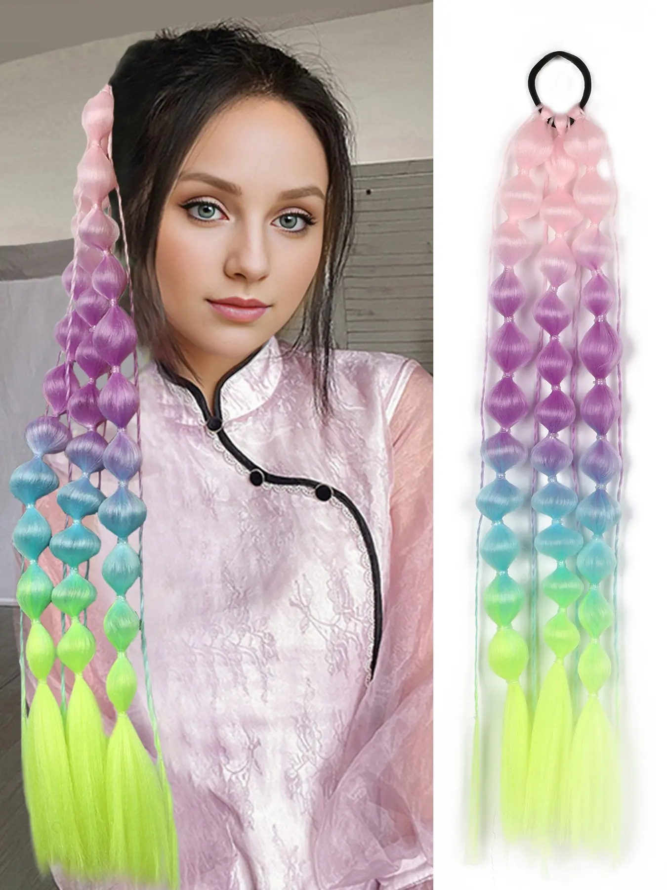 26" Ombre Festival Elastic Band Lantern Bubble Braid Synthetic Hair Ponytail Extension For Daily Christmas New Year Carnival Music Festival use