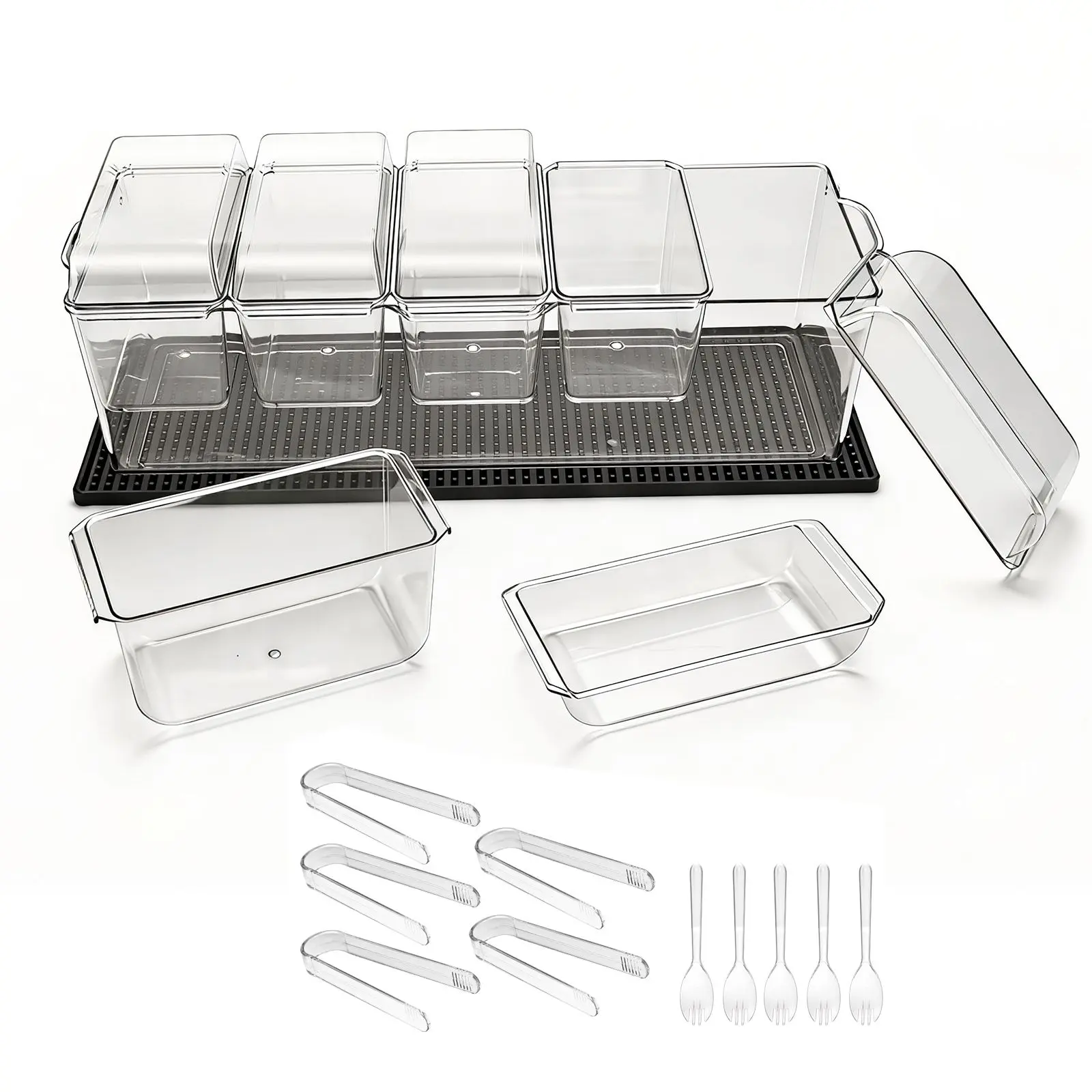 5-Compartment Ice-Cooled Chilled Condiment Server Caddy Set, Plastic Kitchen Utensil Storage Container with Separate Cover, Fruit Garnish Tray Platter for Taco Salad Bar, Party Supplies, Utensils, Functional