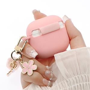 Compatible with AirPods 4 Case , Premium Soft Silicone Protective Case Cover for Apple AirPods 4th Generation with Cleaner Kit, Carabiner and Keychain Accessories for Women Girls (Pink)