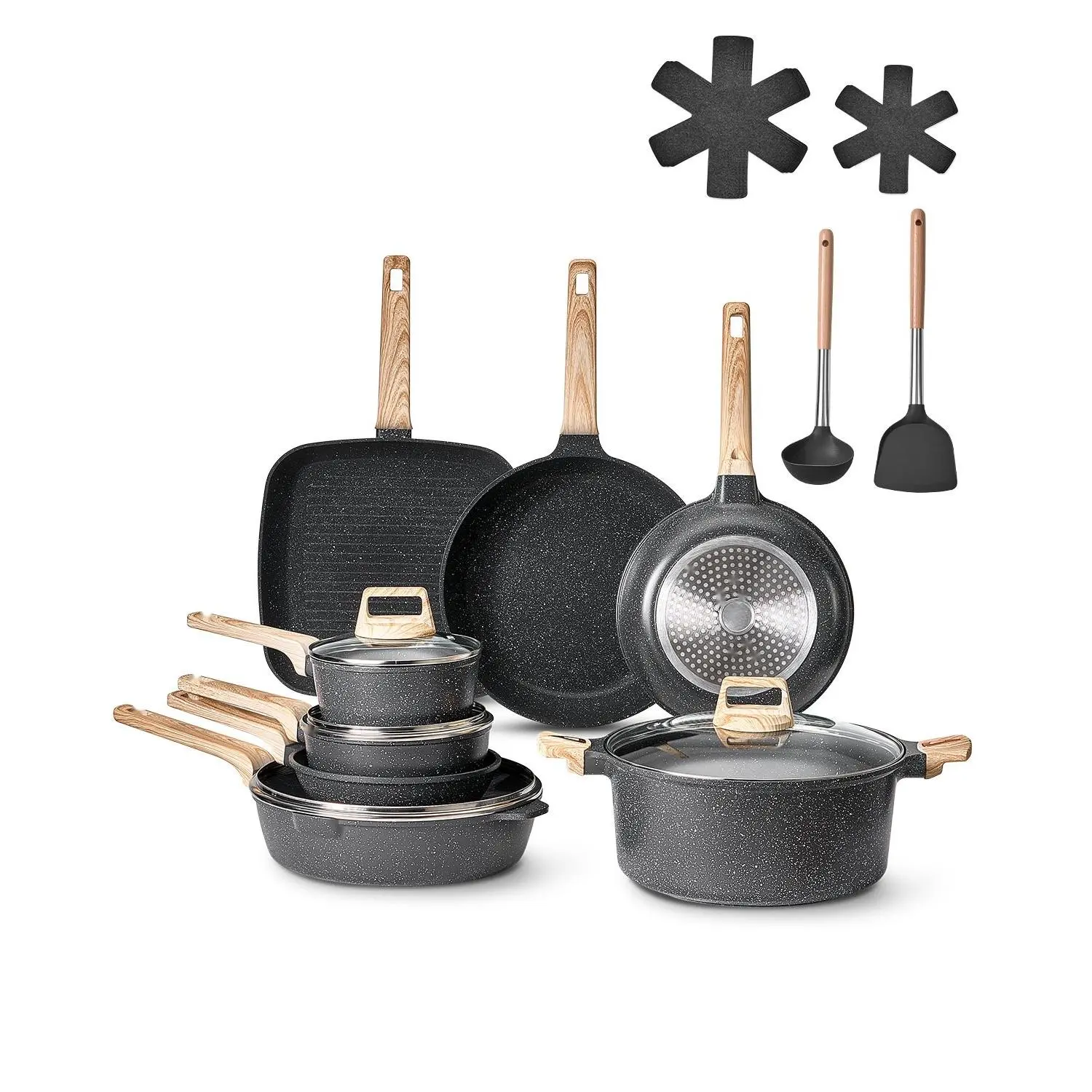 19-Piece Granite Nonstick Pots And Pans Set For Induction Cooktops | Durable Kitchen Cookware Collection With Saucepan, Saute Pan, Stock Pots, Lids, Safe For Oven And Dishwasher, Easy Cleanup