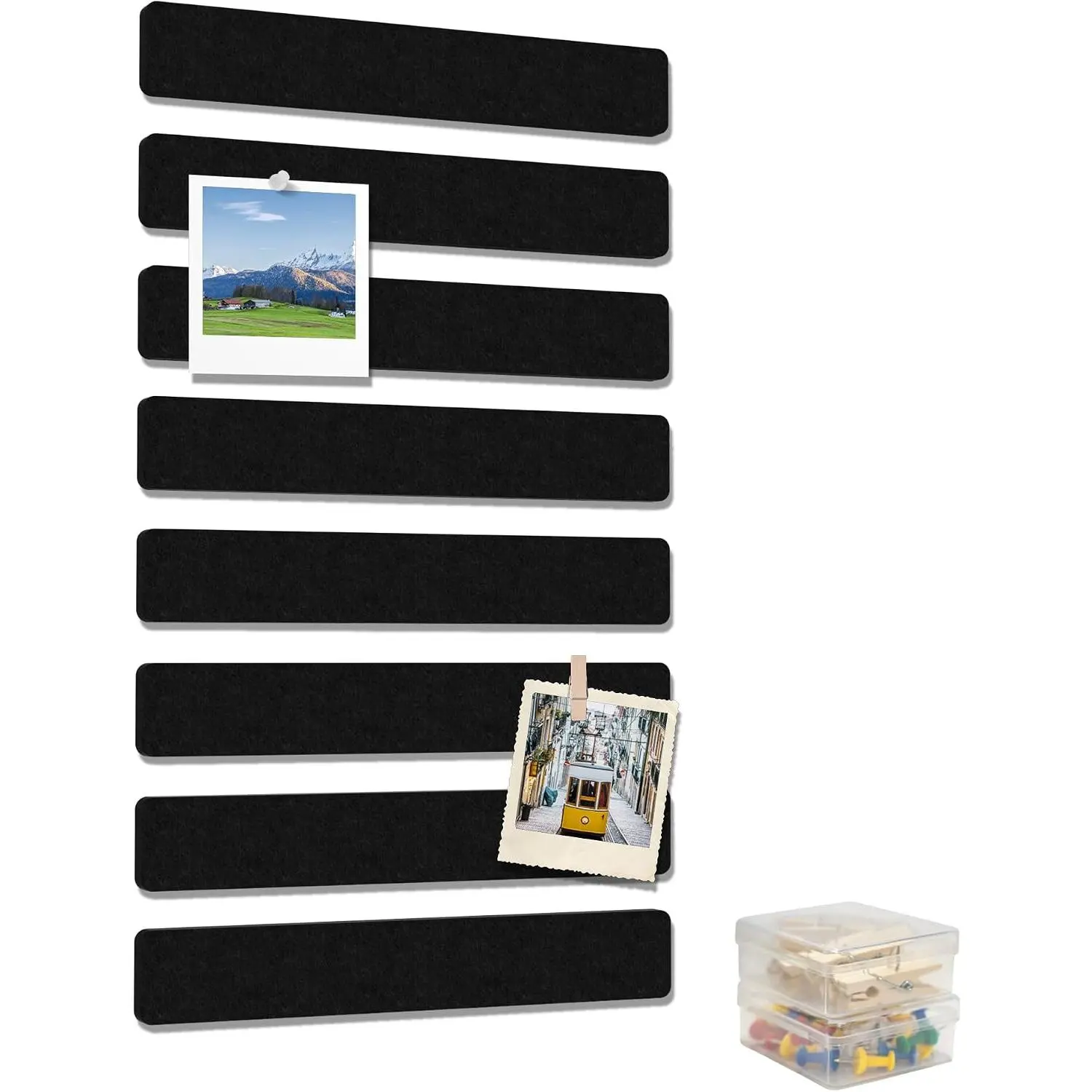 Cork Board Strips for Walls, 13" x 2" Felt Bulletin Board Bar Strip, 8 Pack Long Pin Board with Push Pins and Clips for Picture Photos, Black