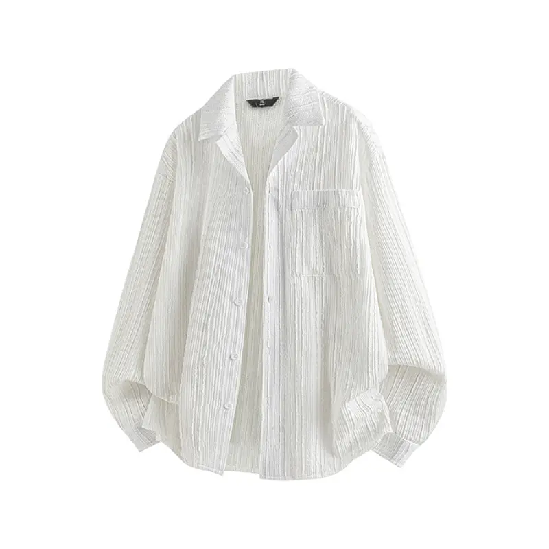 Men's Oversized Long-Sleeve Lapel Button Shirt - Vertical Wrinkled Texture, Single Chest Patch Pocket, Lightweight Breathable Crinkled Fabric, Stylish Minimalist Casual Menswear Tops for Summer Daily Travel, Classic