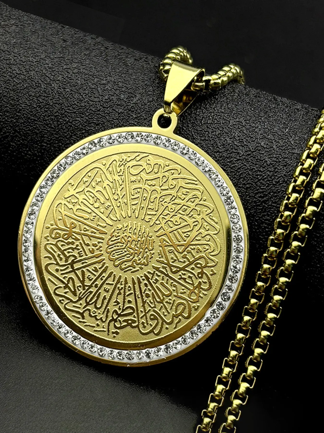 Allah Quran Arabic Letter Rhinestones Pendant Necklaces for Women Men Stainless Steel Gold Color Islamic Muslim Chains