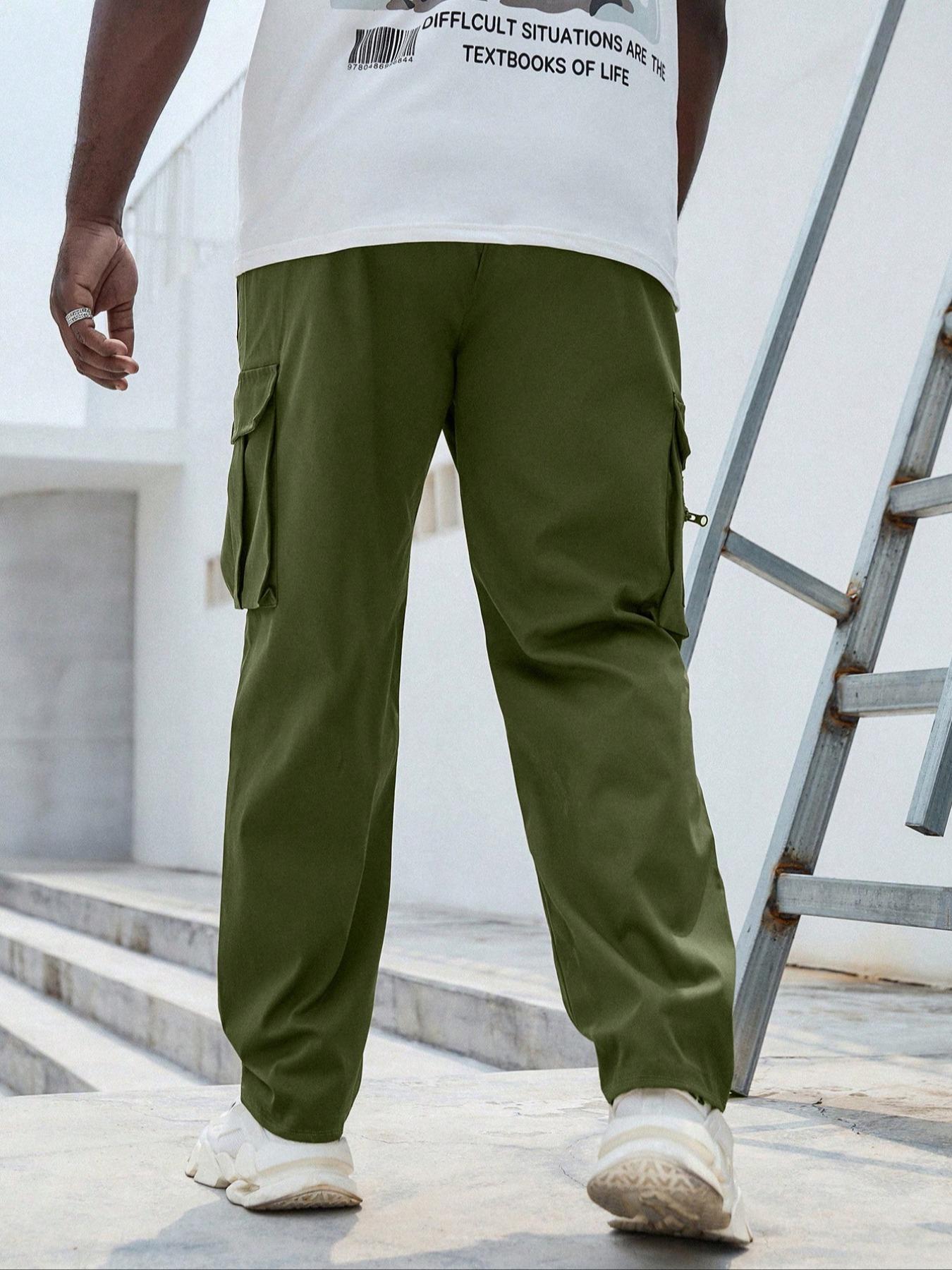 Men's Plus Size Plain Drawstring Waist Cargo Pants, Casual Slant Pocket Design Trousers for Daily Wear, Streetwear Men's Bottoms for All Seasons, Casual Fit Bottoms