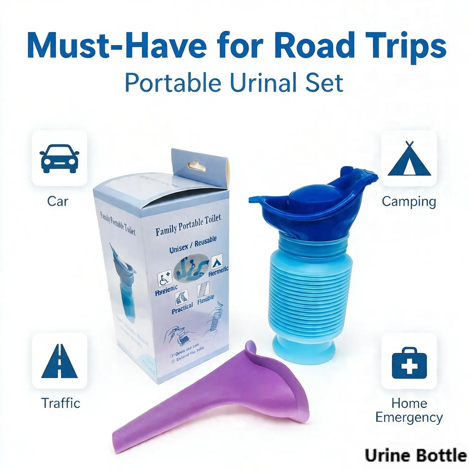 Portable Urinal Set for Road Trips, Reusable Leakproof Female Urinator, Essential Car Travel Accessory, Pe Material