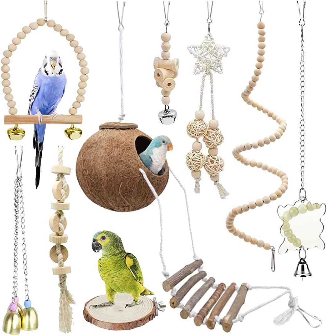 9-Piece Parrots Chewing Toy Set - Natural Wood & Rope Bungee Toys for Anchovies, Coconut Hideaway with Ladder, Bird Perch Stand, Cage Accessories for Parakeets, Cockatiel, Conure, Mynah, Macaw 9-Piece Parrots Chewing Toy Set - Natural Wood & Rope Bungee Toys for Anchovies, Coconut Hideaway with Ladder, Bird Perch Stand, Cage Accessories for Parakeets, Cockatiel, Conure, Mynah, Macaw