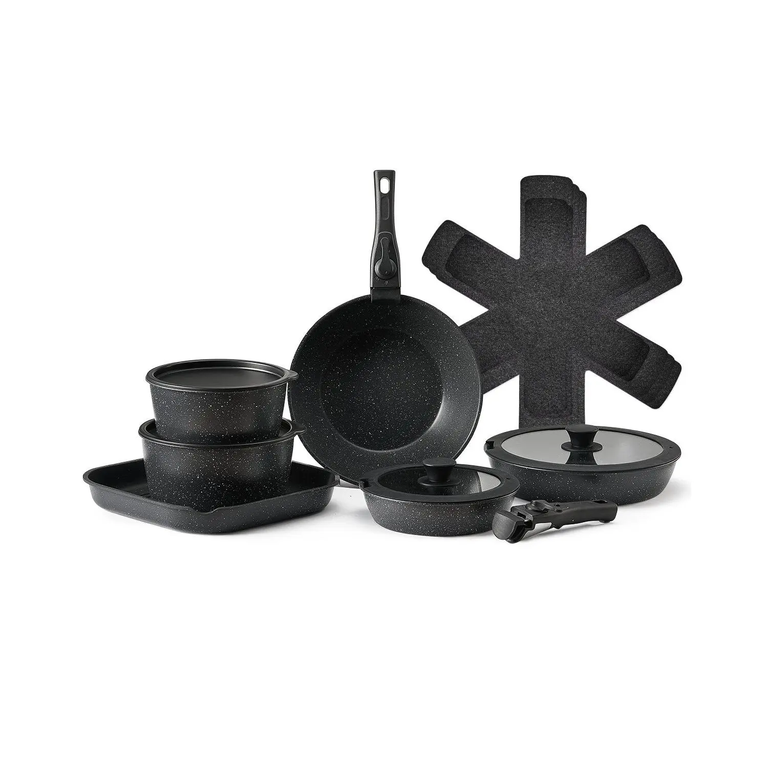 VEVOR 17-Piece Black Granite Nonstick Cookware Set with Detachable Handle, Tempered Glass Lids, Frying/Sauce/Sauté Pans, Round Pans, Space-Saving Design, Induction Compatible, Oven Safe for RV Cooking