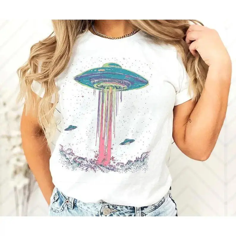 Retro Alien Abduction Tee, Trippy Space UFO Shirt, Outer Space Graphic T-Shirt, Psychedelic Galaxy Print, Funny Sci Fi T-Shirt, Washed Vintage T-Shirts - 100% Cotton Unisex Tees