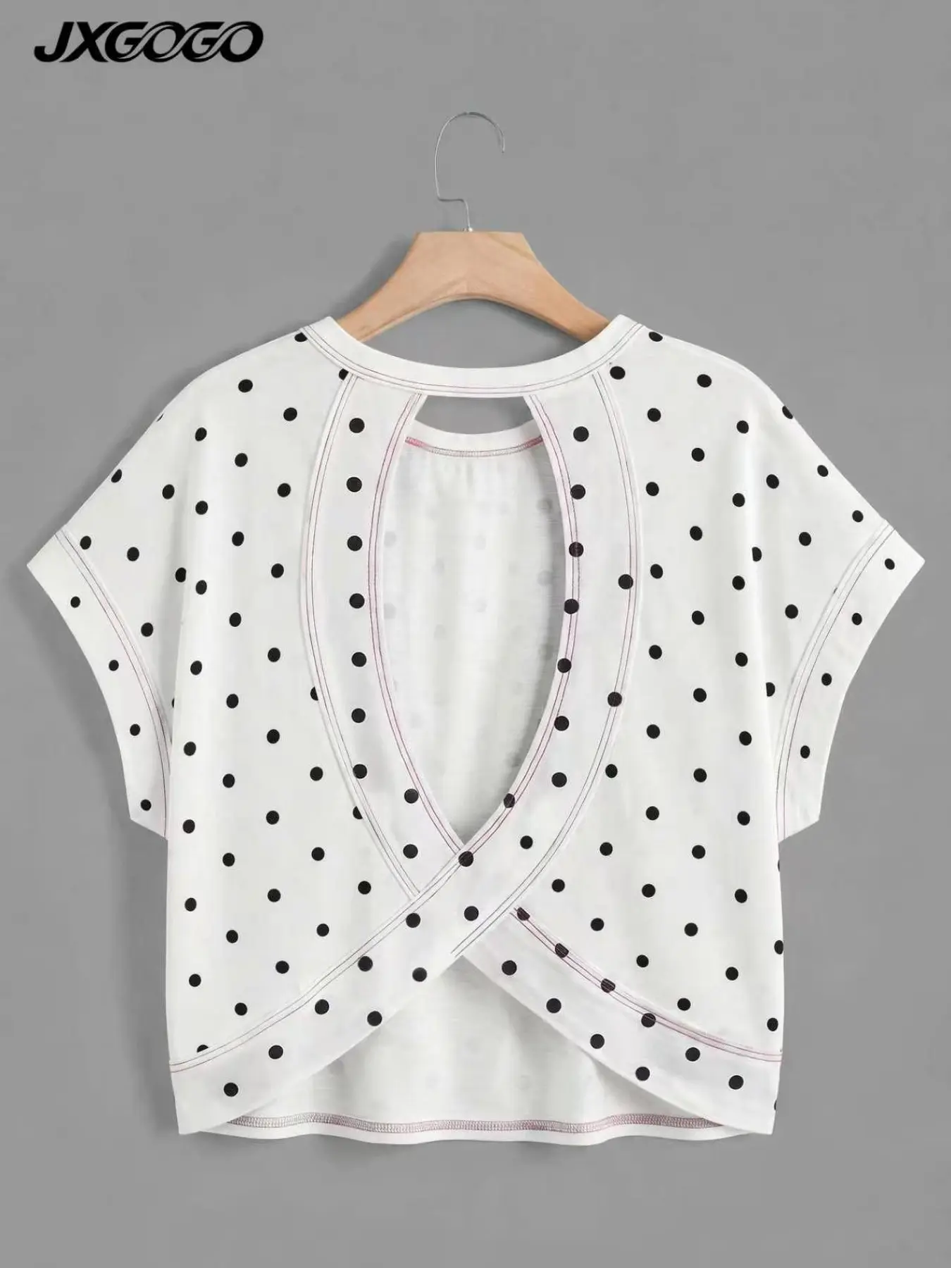 JXGOGO Y2K Vintage Polka Dot Back Cross Cutout Backless Top Batwing Short Sleeve Soft Workout Tee Cute Aesthetic Outfit For Pilates Gym Shopping Daily Wear