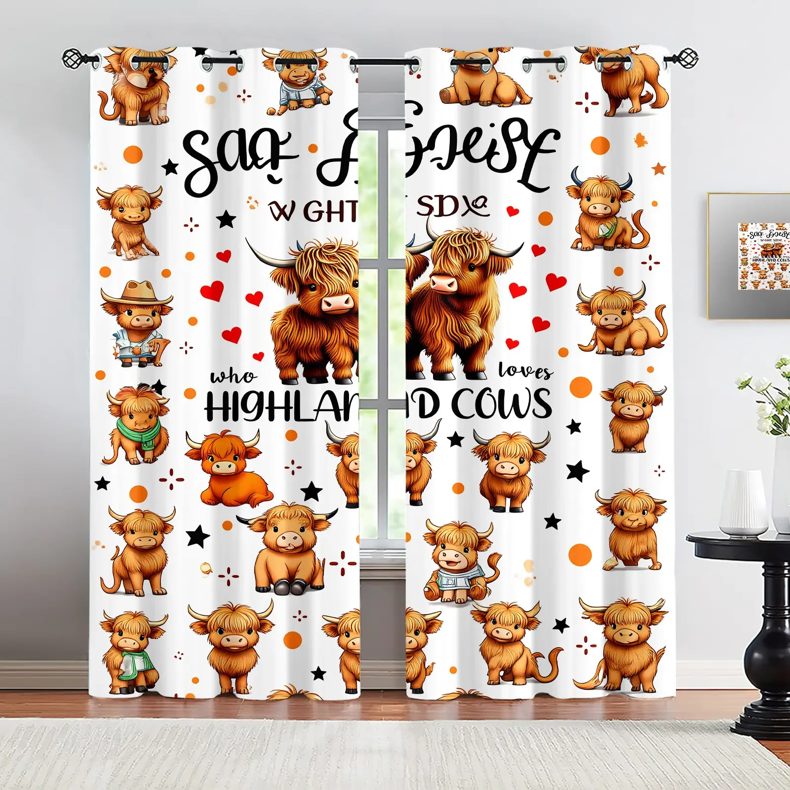 2 Panels Funny Kawaii Highland Cow Curtains, Cute Farm Animal Print Curtains, Rustic Western Darkening Curtains, Decoration Curtains with Grommet Top, Ready Made Curtains, For Women Teens Girls Cow Lovers Bedroom Dorm Decor