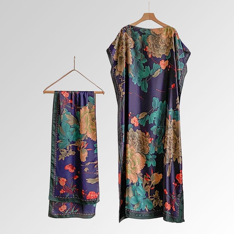 Women's Peacock Print Cape Shawl & Scarf Set, Elegant Beach Cover-Up For Holiday Vacation, Swimsuit Cover Up