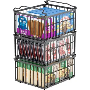 Freezer Organizer Bins, 3 Pack Big Stackable Deep Chest Freezer Organizer Bins, Foldable Baskets with Handles, Black Storage Container Baskets for 5 to 9 Cu.FT Deep Freezer Sort Frozen Meats
