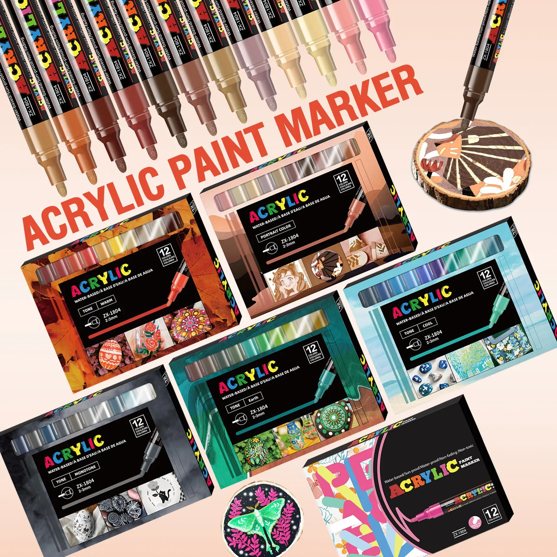 Acrylic Paint Marker Pen Set, 12/18/24pcs Vibrant Acrylic Markers Set, Medium Point Marker Pen for Painting, Drawing & Coloring
