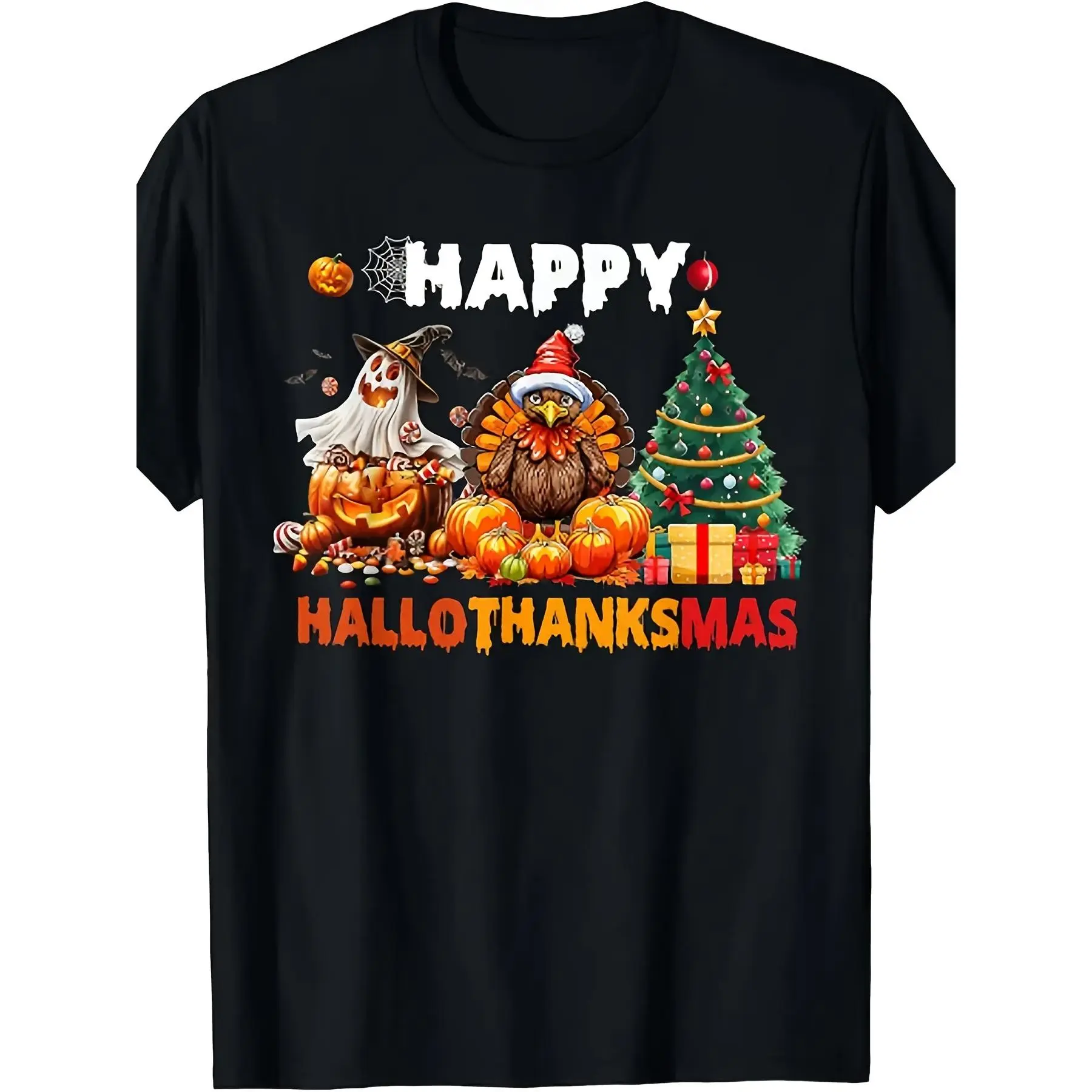 Men'S & Women'S Funny Hallothanksmas T-Shirt - Family Matching Holiday Shirt for Christmas, Halloween & Thanksgiving Parties - Short Sleeve Tee with Spooky Turkey Design - Regular Fit Casual, Funny Christmas Shirts, Mens Graphic T-Shirts