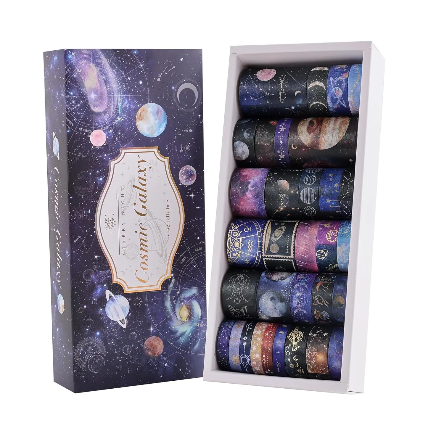32 Rolls Washi Tape Set, Gold Foil Galaxy Decorative Masking Tape Constellation, Stars, Celestial, Adhesive Tape for Bullet Journal, Diy Craft, Scrapbooking Supplies, Gift Wrapping, Party Decoration