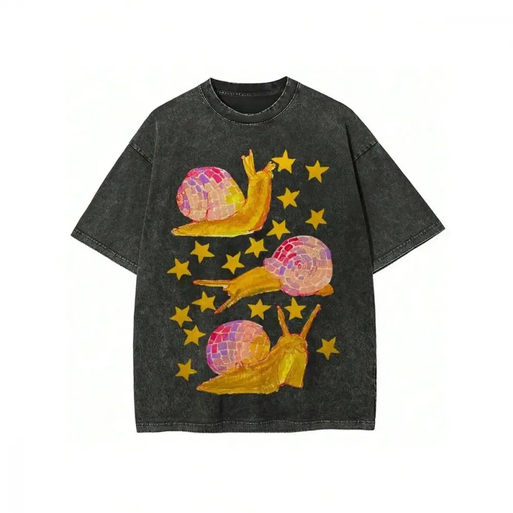 Women's Oversized Graphic T-Shirt, Vintage Disco Snail with Geometric Stars, Loose-Fit Washed Cotton Streetwear Top, Thanksgiving, Easter, Valentines Day, Outdoors, Basic, Shortsleeve, Lightweight, Everyday, Retro, Party, Casual, Clothes, Flat, Essential