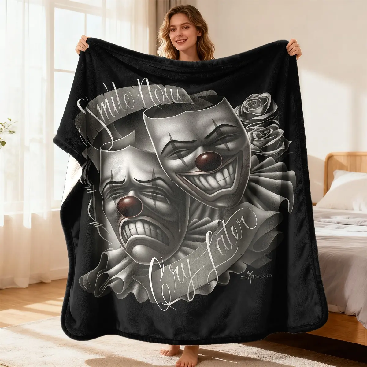 Chicano Dual Mask Art Smile Now Cry Later Fleece Throw Blanket - Lightweight Fleece, Multi-Size, Black Grey Tattoo Style Rose Print, Living Room Decor, Lowrider Culture Gift for Sofa Nap Travel