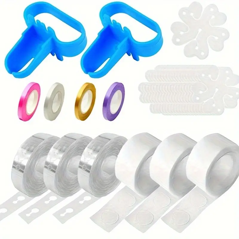 32 balloon arch set accessories, including 3 rolls of adhesive dots, 3 rolls of balloon chains, 2 balloon knotting tools, 20 plum blossom clips, and 4 rolls of ribbons of different colors, suitable for balloon styling assistance and balloon binding