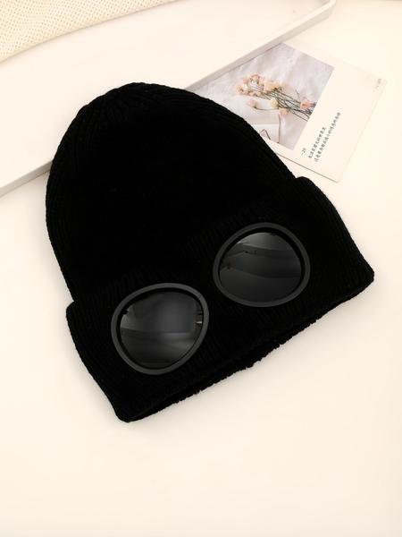 Unisex Solid Color Goggle Lens Design Beanie Hat, Casual Soft Comfortable Beanie for Fall & Winter, Fashion Accessories for Both Men & Women, Knitted Winter Hat