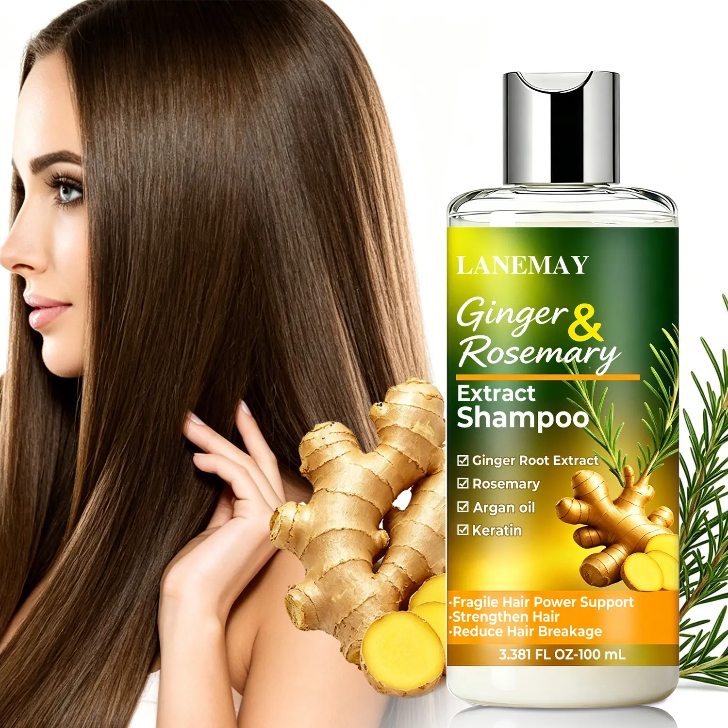 100ml Ginger & Rosemary Shampoo with Ginger Root Extract, Rosemary Extract, Argan Oil, Keratin - Strengthens Fragile Hair, Helps Reduce Breakage, Nourishing & Smoothing - For Weak & Breakage-Prone Hair, Daily Shampoo Care Haircare Product