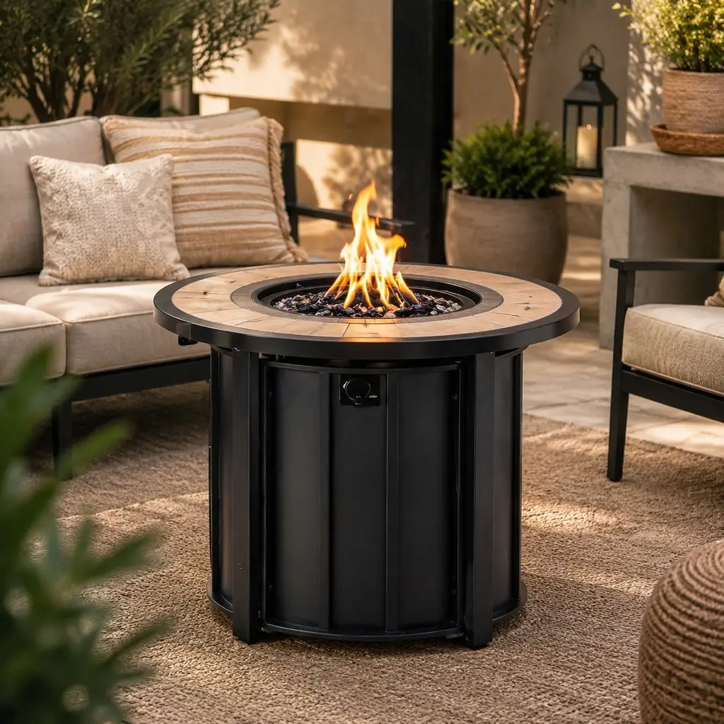 ARCH Furniture 30 in Round Metal Frame Gas Fire Pit Table - 50,000 BTU Smokeless Outdoor Fireplace, Mosaic Ceramic Top, Propane Powered, Weather-Resistant, 30 in.(l)x30 in.(w)x26 in.(h), 75 lbs., Adjustable Flame Control, Includes Lid & Rain Cover
