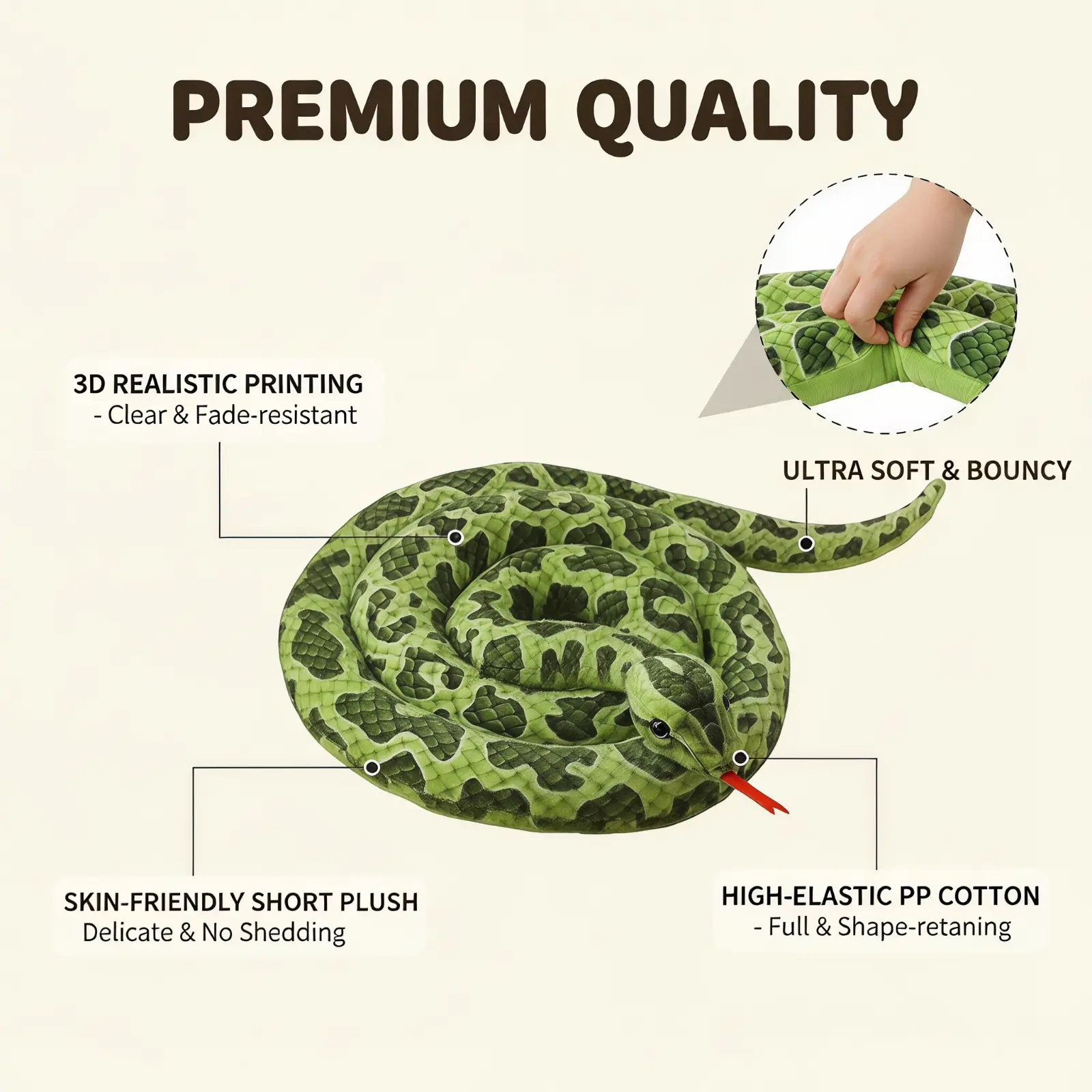 Ultra Soft Lifelike Snake Plush Toy - Realistic Reptile Stuffed Animal with Vivid Pattern, Multiple Colors (Green/Brown/Yellow), Cute Room Decor Cushion Gift for Kids & Reptile Enthusiasts