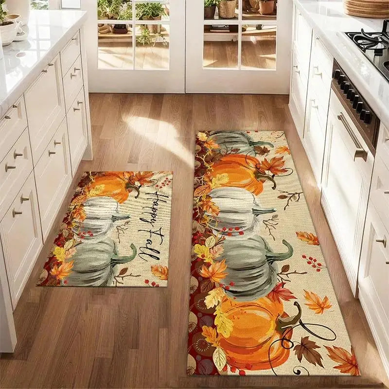 2Pcs Autumn Watercolor Pumpkin Dog Maple Leaf Flower Floor Mat Set Printed Carpet Farmhouse Anti Fatigue Kitchen Laundry Room Decoration, Vintage Runner Rug, Home Decor Rugs