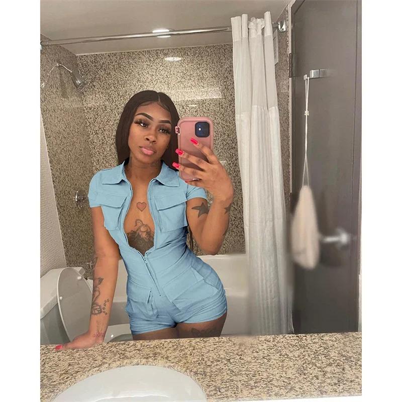 Streetwear Zipper Pockets Shorts Jumpsuit Women Clothing Short Sleeve Skinny Cargo Playsuit Summer Casual Pieces Romper