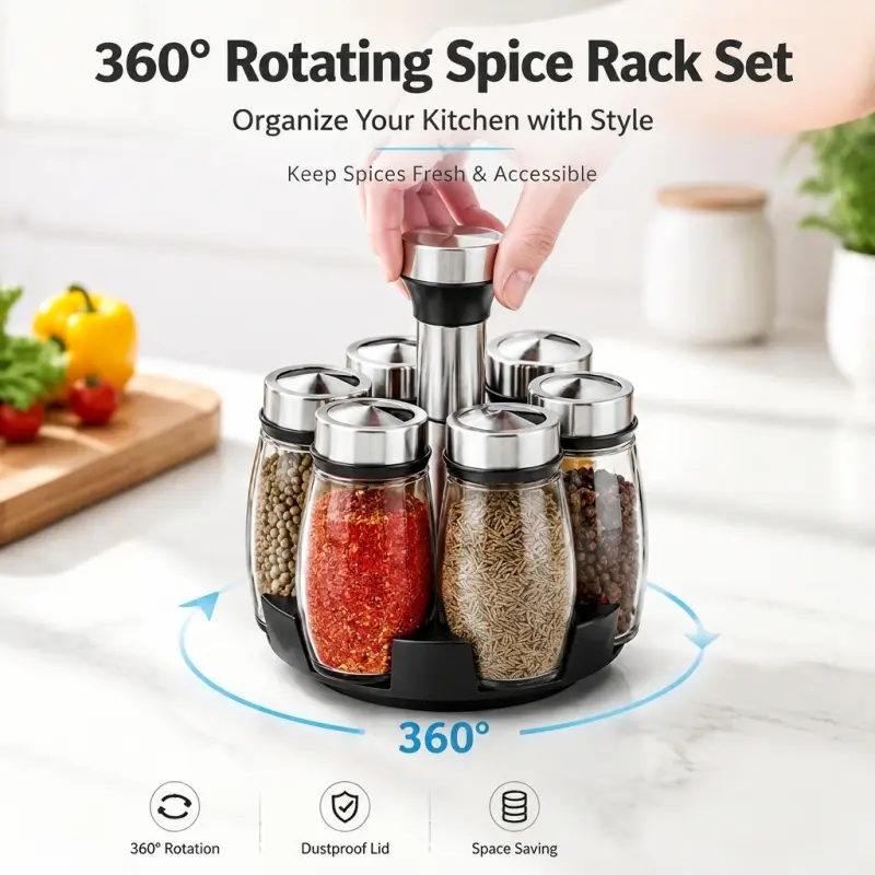 360 Degree Rotating Spice Rack Set With 6 Glass Jars Dustproof Stainless Steel Lid Space Saving Rotatable Seasoning Storage Organizer Kitchen Gadgets For Kitchen Countertop