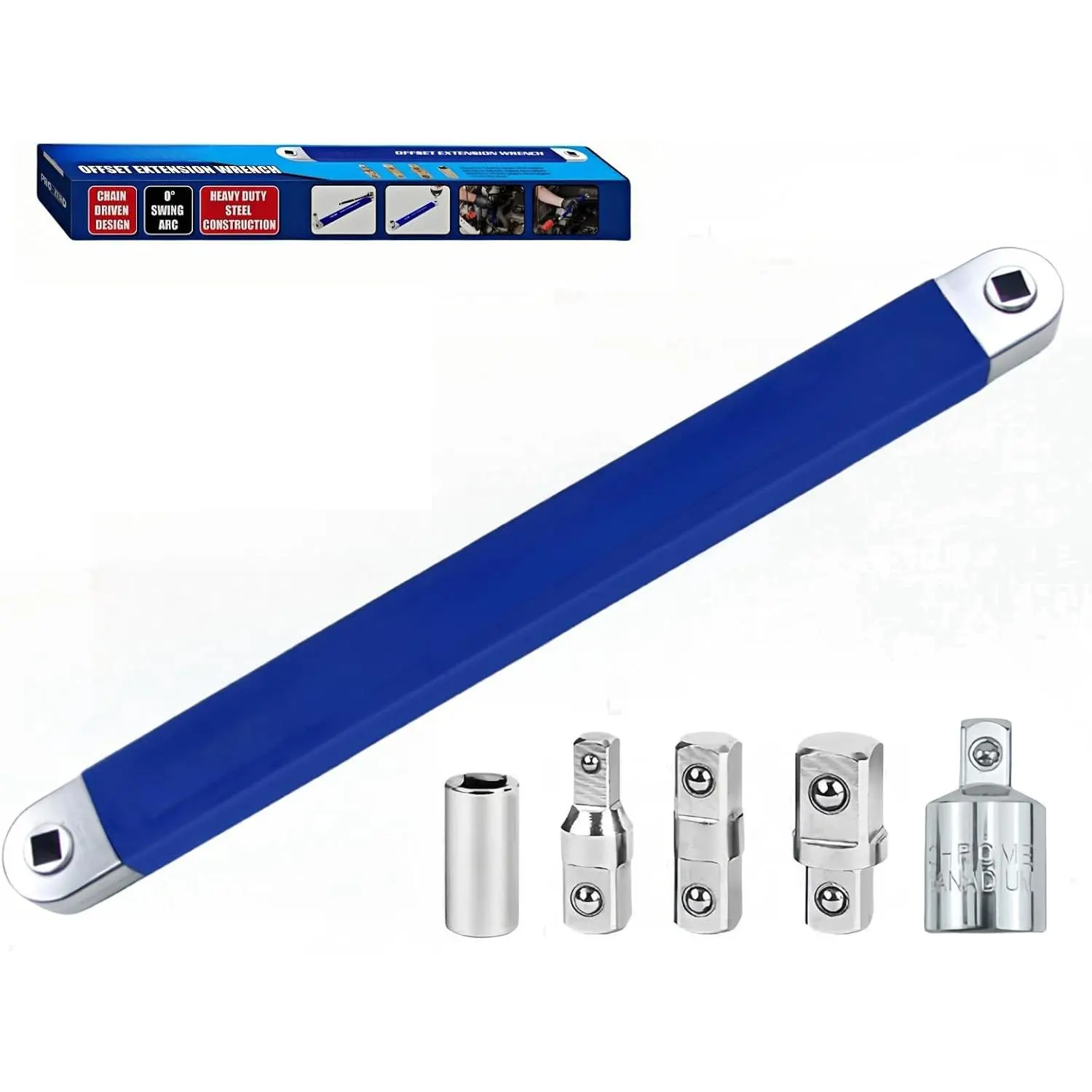 Offset Extension Wrench, Zero  Ratchet Extension Set Includes 1/2", 1/4" & 3/8" Drive Adapters, Ideal  Ratchet Extensions for Tight Spaces (Blue)