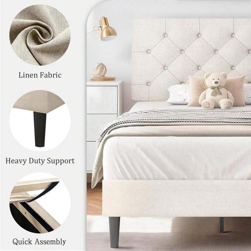 Linen Bed Frame with Button Tufted Headboard, Twin Full Queen  Sizes, No Box Spring Needed, Easy Assembly