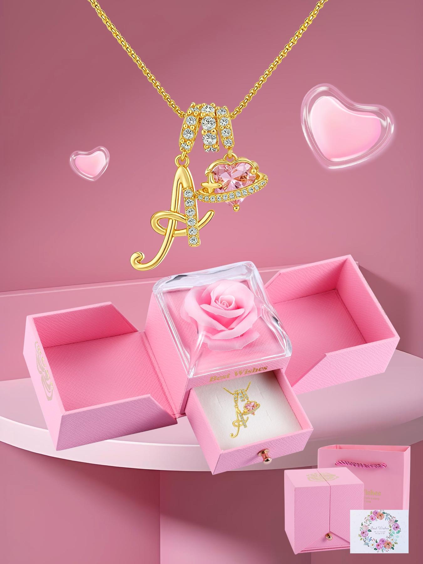Apple Shape Rose Jewelry Gift Box With Initial Letter Love Heart Necklace for Women, Valentine's Day Wedding Anniversary Jewelry Gift for Girlfriend Wife, Birthday Christmas Gift for Daughter Mom