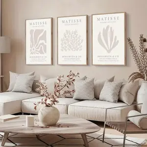 3 Pieces Abstract Matisse Geometric Leaf Plant Art, Boho Modern Wall Mural, Artistic Nature Home Art, Eclectic Gallery Decor, Soft Tone Painting, Wall Decor for Living Room and Bedroom, Framed or Unframed.