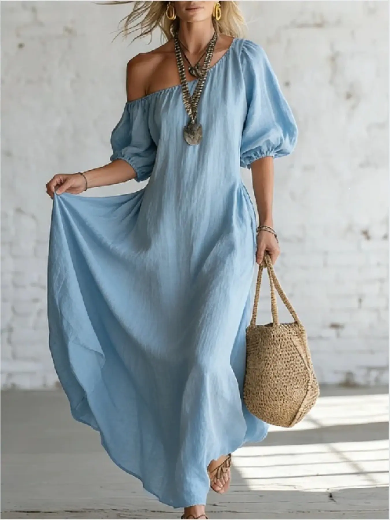 2026 European and American Vacation Style Casual Wear One-Shoulder Linen Bubble Sleeve Long Dress for Women, Slimming and Loose Fit