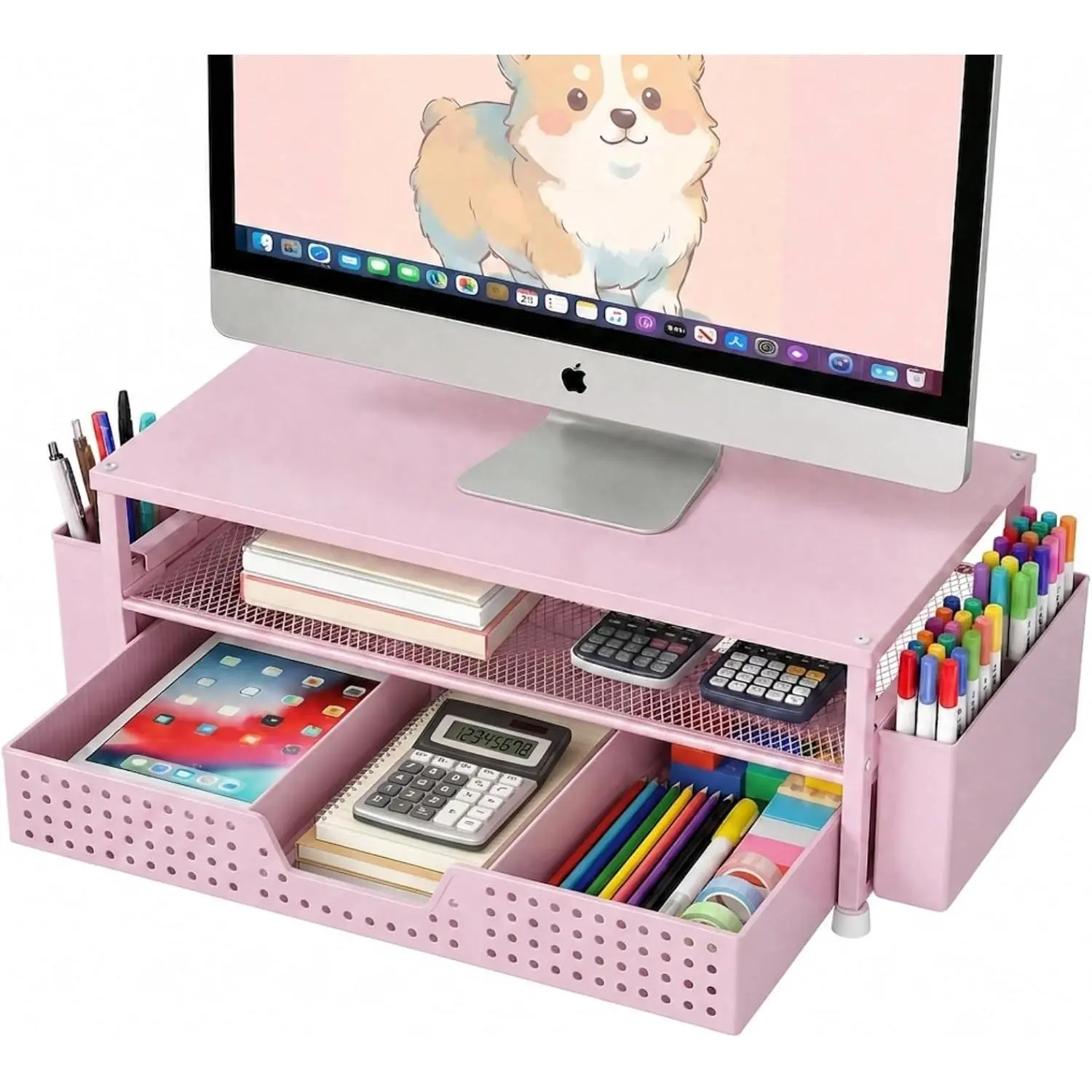 Desk Organizer and Accessories, 2-Tier   Stand Rise with Storage Drawer & 2 Pen Holders, Laptop & Printer Stand for Desktop, Workspace Organizers for Office Supplies (Black)