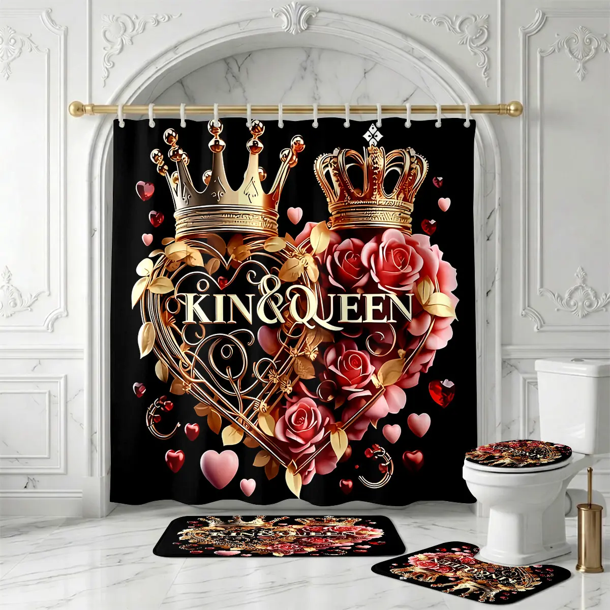 King & Queen Crown Shower Curtain Set – Gold Heart Red Rose Royal Love Bathroom Decor for Valentine's Day, Anniversary & Wedding Celebration Vibes