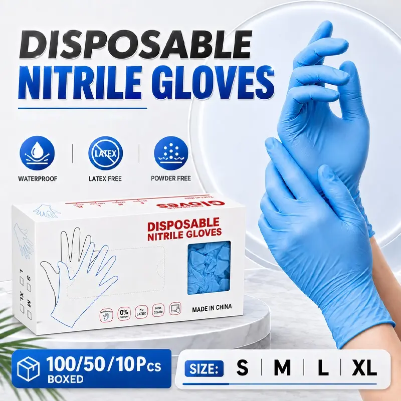 Blue nitrile gloves, powder-free and waterproof, lightweight and comfortable. Flexible for home, bathroom and kitchen cleaning, dishwashing, trash handling, pet supplies, office desks, car interiors, storage, tool wiping and light outdoor cleaning.