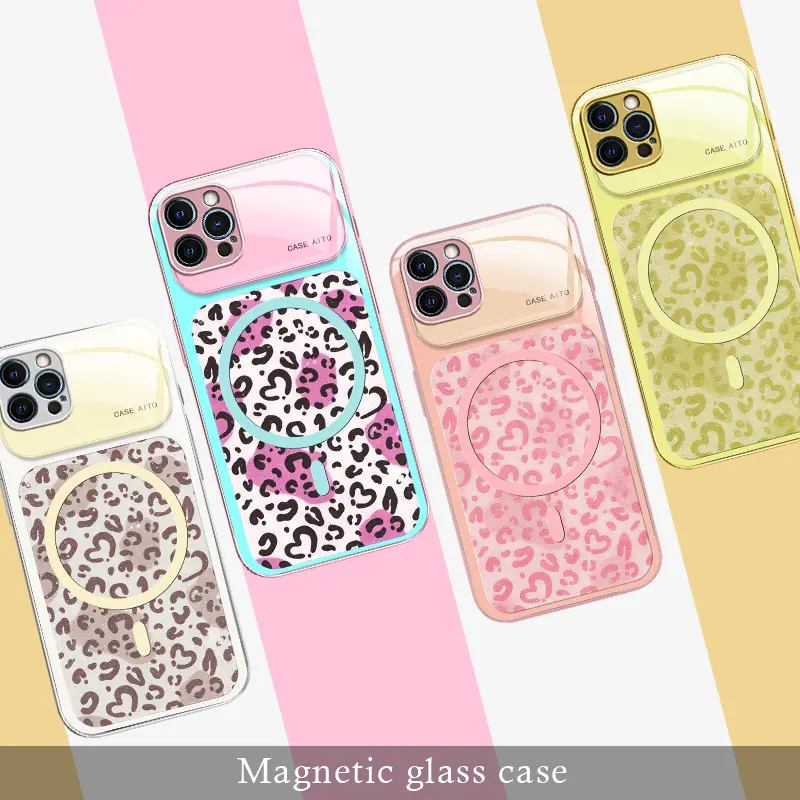 Suitable for【iPhone 12 Pro】Vibrant Y2K Dopamine Leopard Print Magnetic Mag‑Safe Glass Phone Case, Shockproof Protective Hard Cover----9435