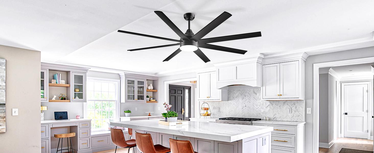 Large Ceiling Fans with Lights and Remote/APP Control, Indoor Outdoor Black Ceiling Fan for Kitchen, Living Room, Patio, 6 Speeds Reversible Quiet DC Motor, 8 Blades
